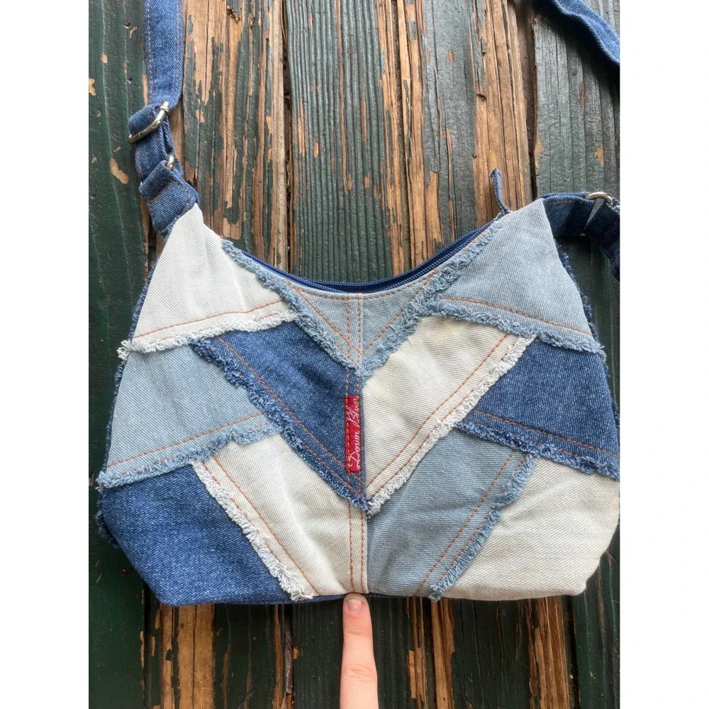 Denim Blues Patchwork Hobo Bag Blue Cream Frayed Crossbody Vintage Style